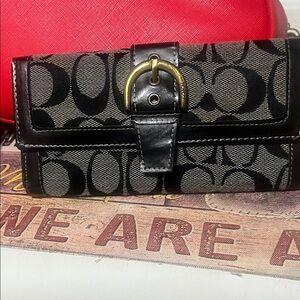 Coach Black Signature Canvas Continental Wallet with Gold Buckle